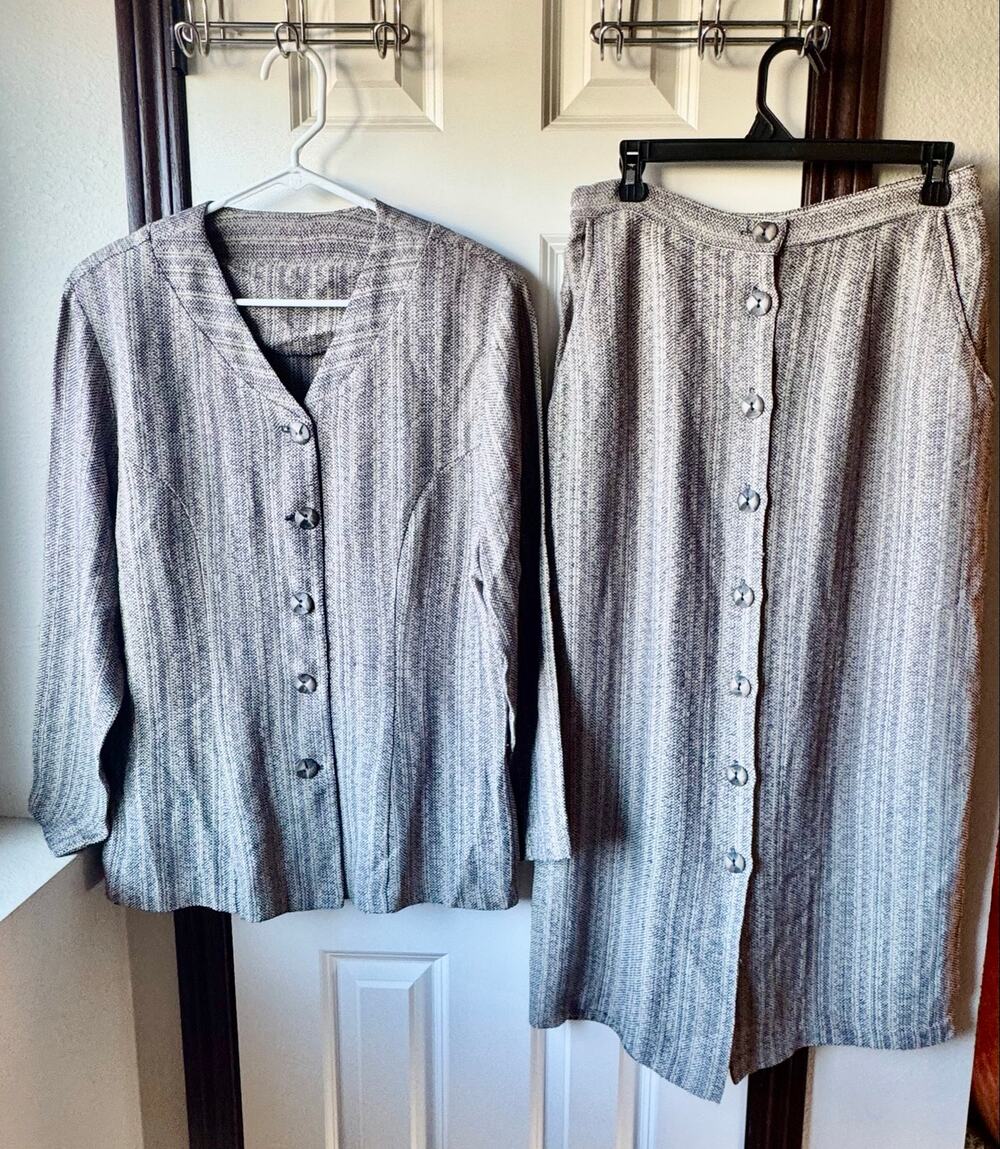 Vintage Cynthia Maxx 2-Piece Skirt Suit Set Blue Gray Textured Woven Large
